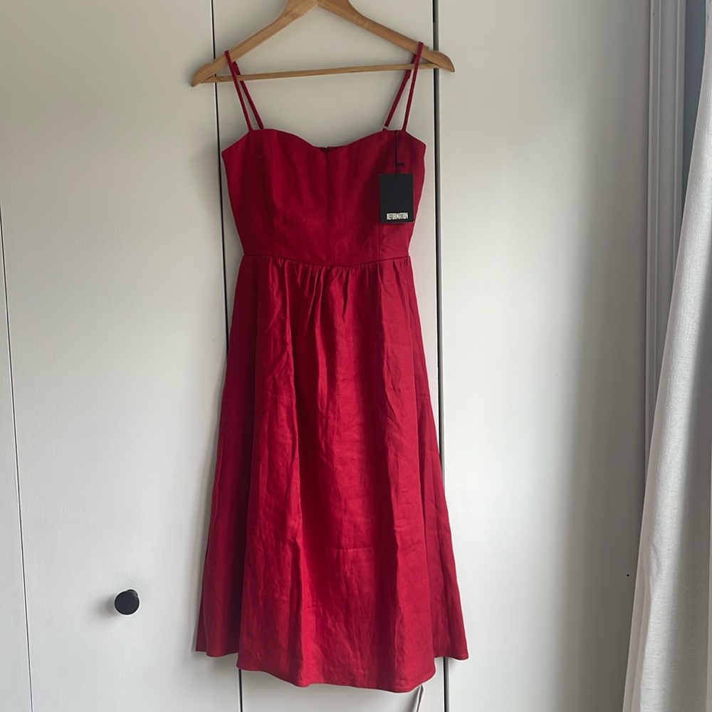 Reformation Red Pleated Sundress for Wedding Guest